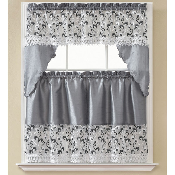 August Grove® Manningtree Floral Swag 60'' Kitchen Curtain in Gray